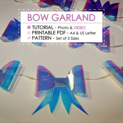 DIY bow garland sewing pattern with iridescent fabric bows for party decorations