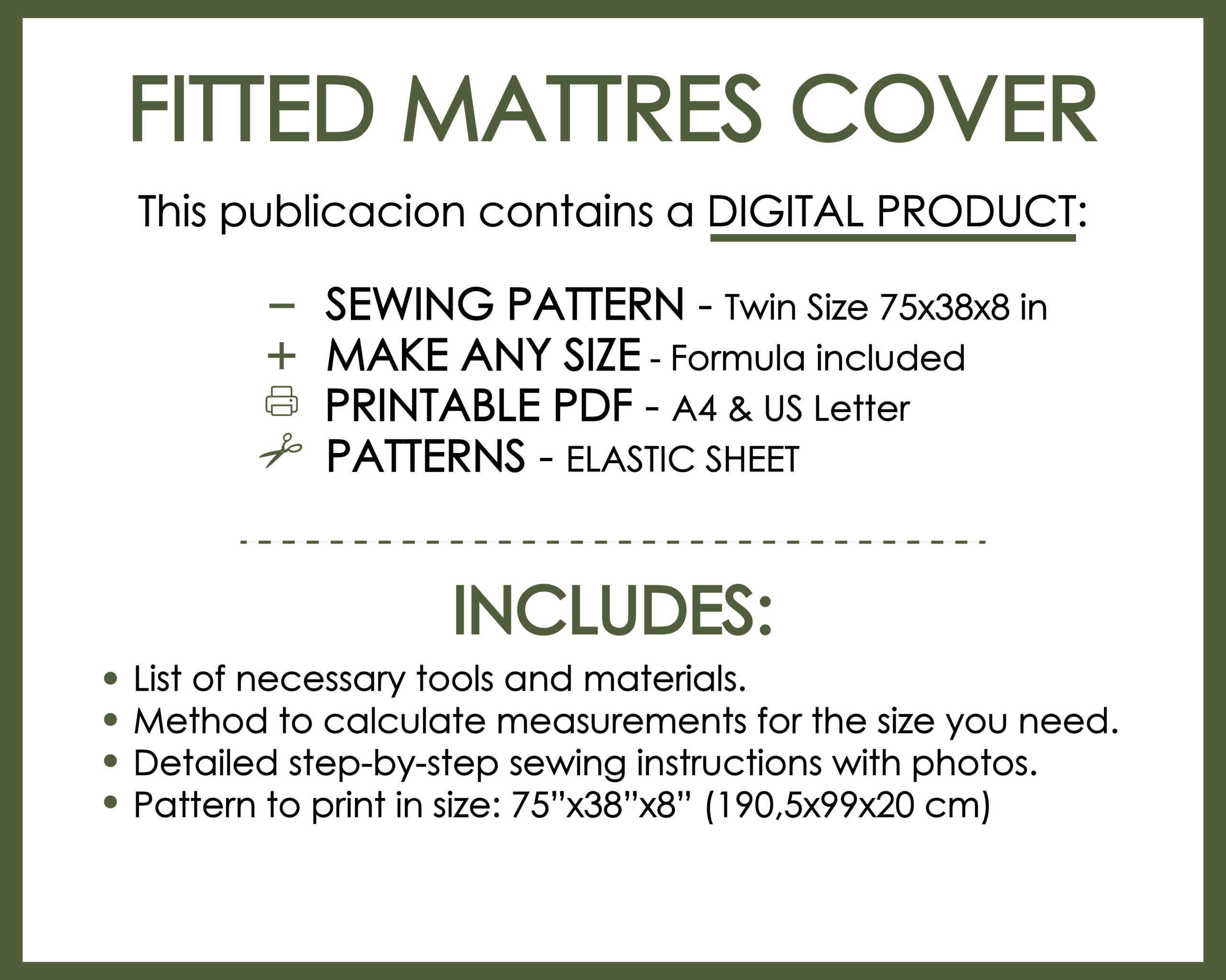 Fitted mattress cover sewing pattern PDF with elastic