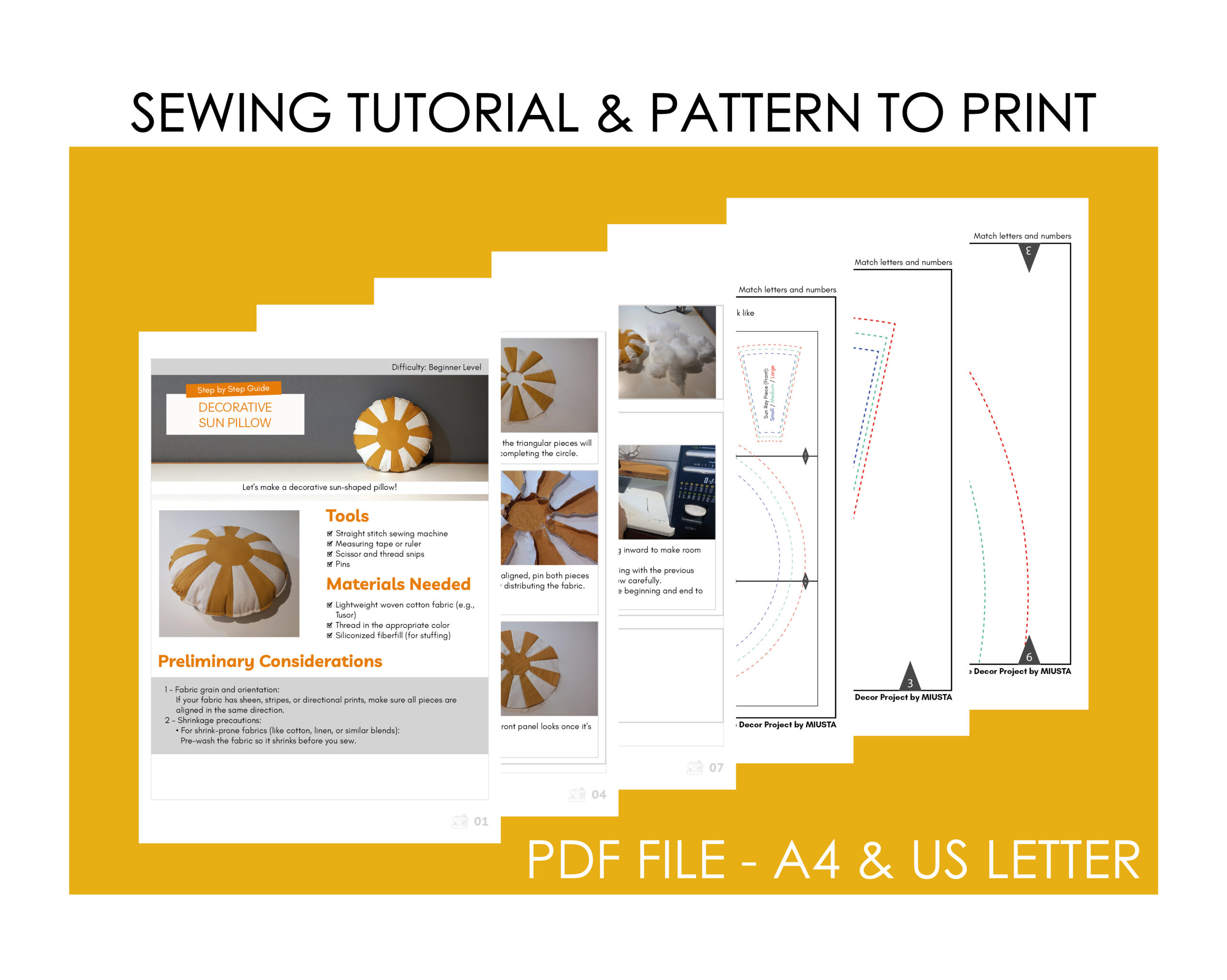 Sun pillow printable sewing pattern PDF