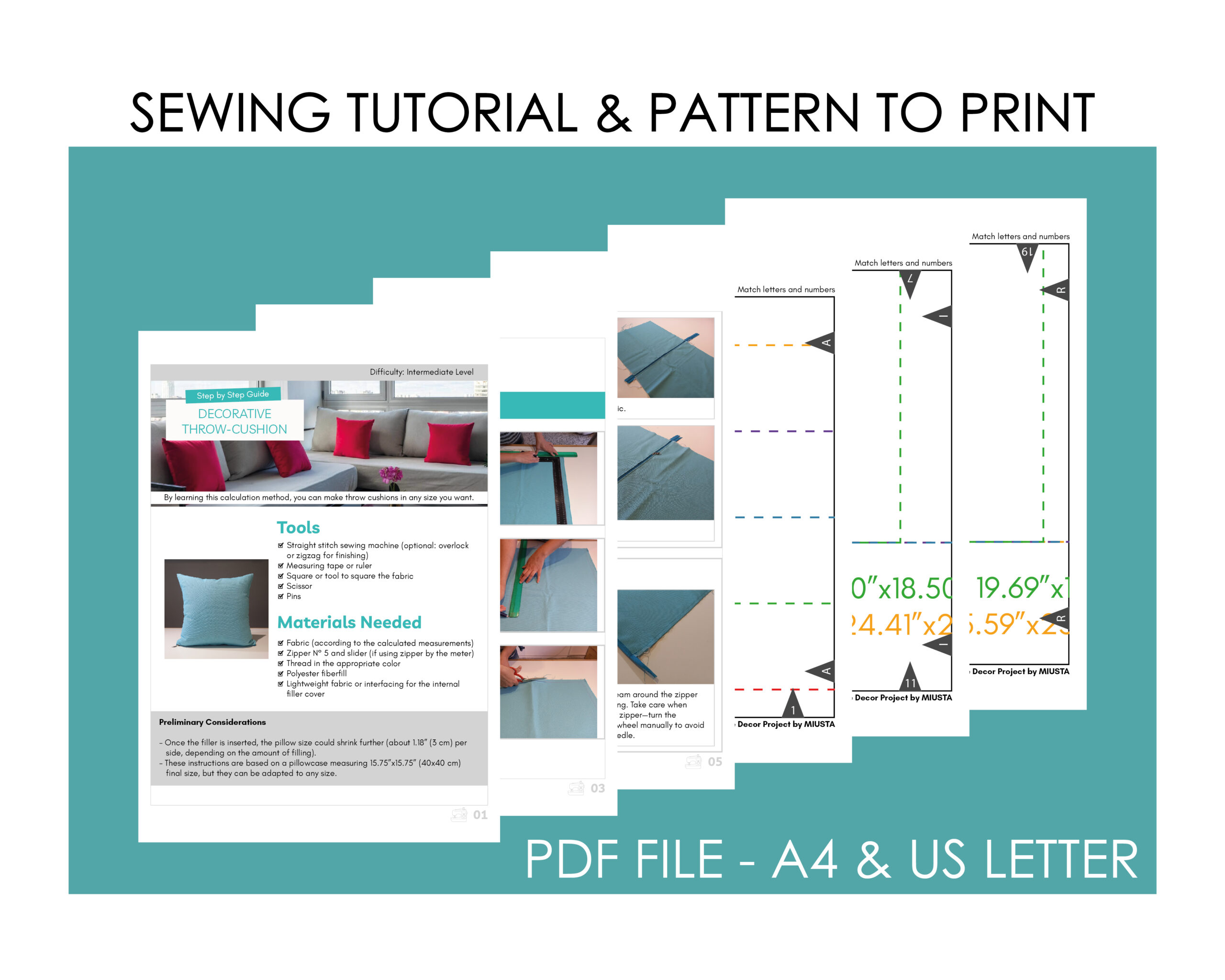 Throw Pillow Case Easy Sewing Pattern PDF – 5 Sizes | DIY Cushion Cover Tutorial | Beginner Friendly Pillow Pattern with Zipper/Envelope - Image 4