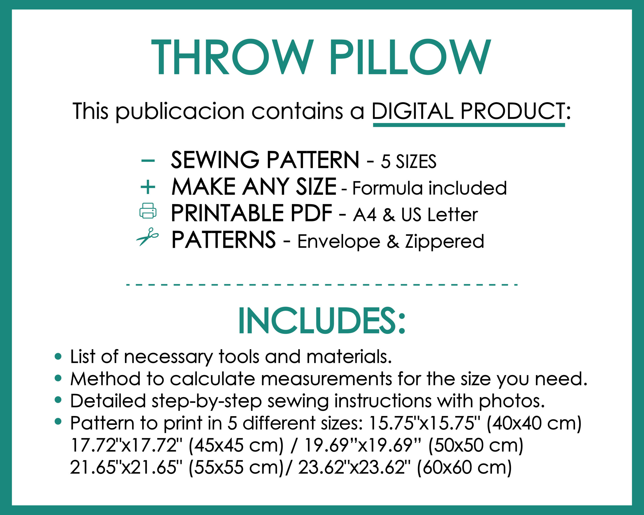 Throw Pillow Case Easy Sewing Pattern PDF – 5 Sizes | DIY Cushion Cover Tutorial | Beginner Friendly Pillow Pattern with Zipper/Envelope - Image 3