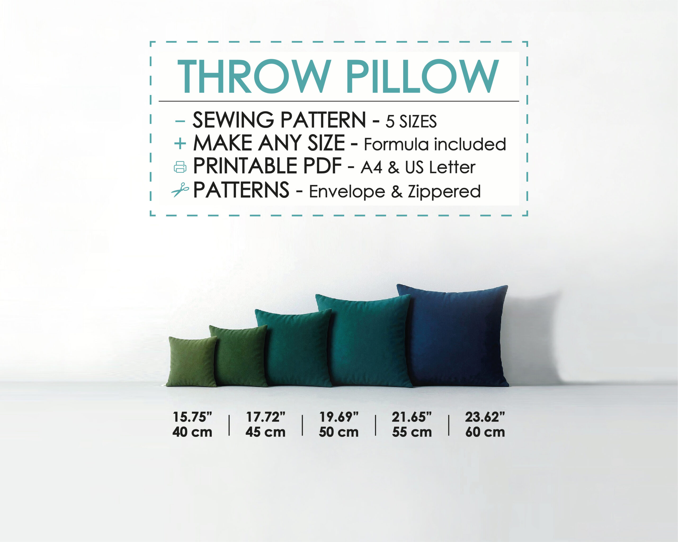 Throw Pillow Case Easy Sewing Pattern PDF – 5 Sizes | DIY Cushion Cover Tutorial | Beginner Friendly Pillow Pattern with Zipper/Envelope